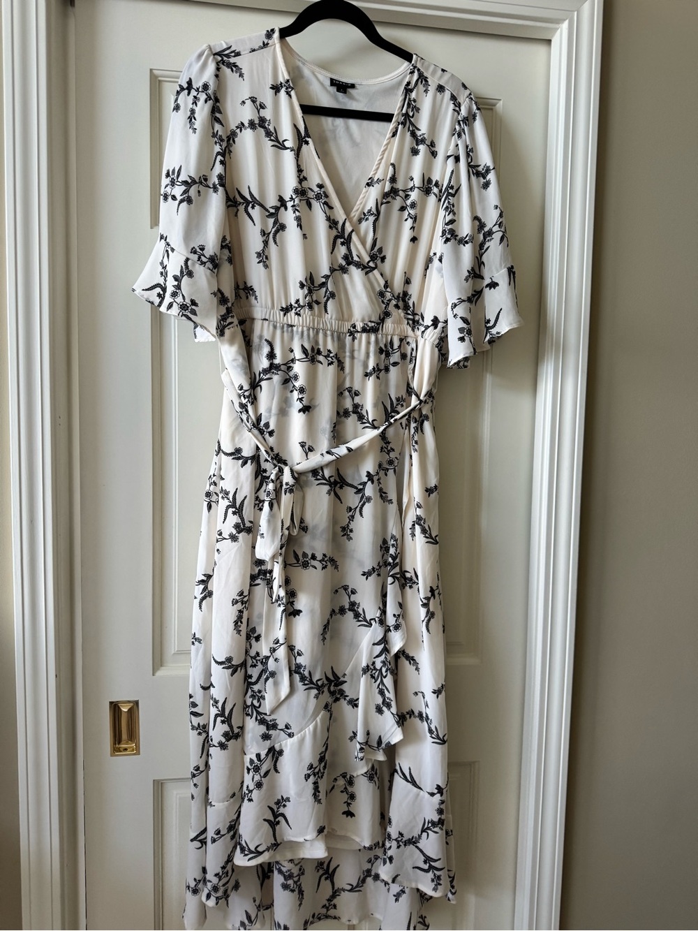 Torrid Cream Wrap High-Low Dress with Black Floral Print